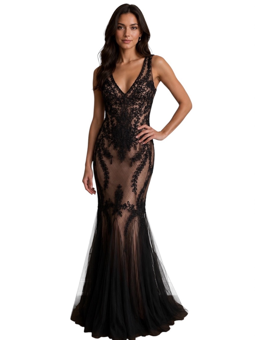Cachet Black Lace Appliqué V-Neck Maxi Gown